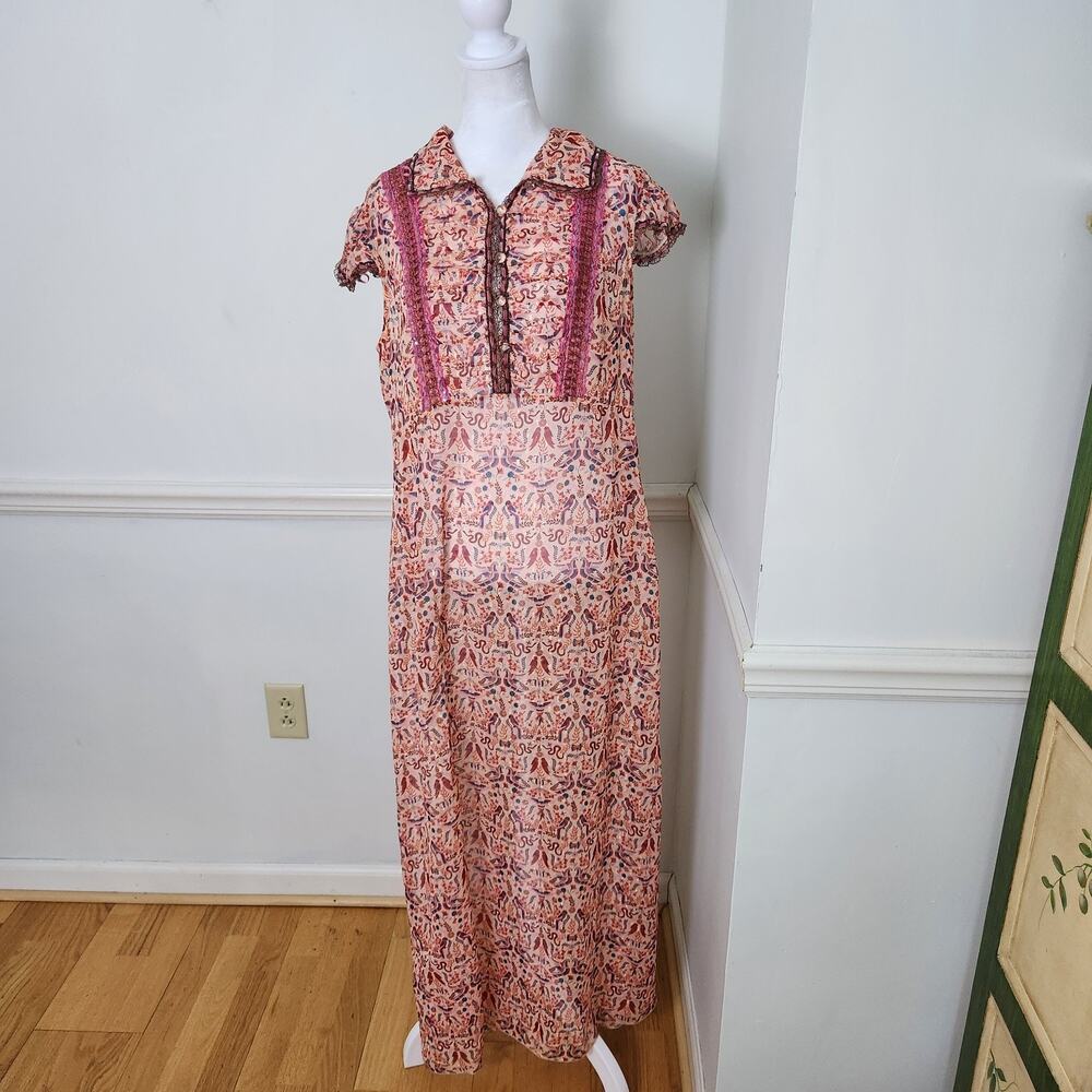 FLAW Anna Sui Ruched Coupe Chiffon Maxi Dress 10 Womens Sheer Peach Pink Boho